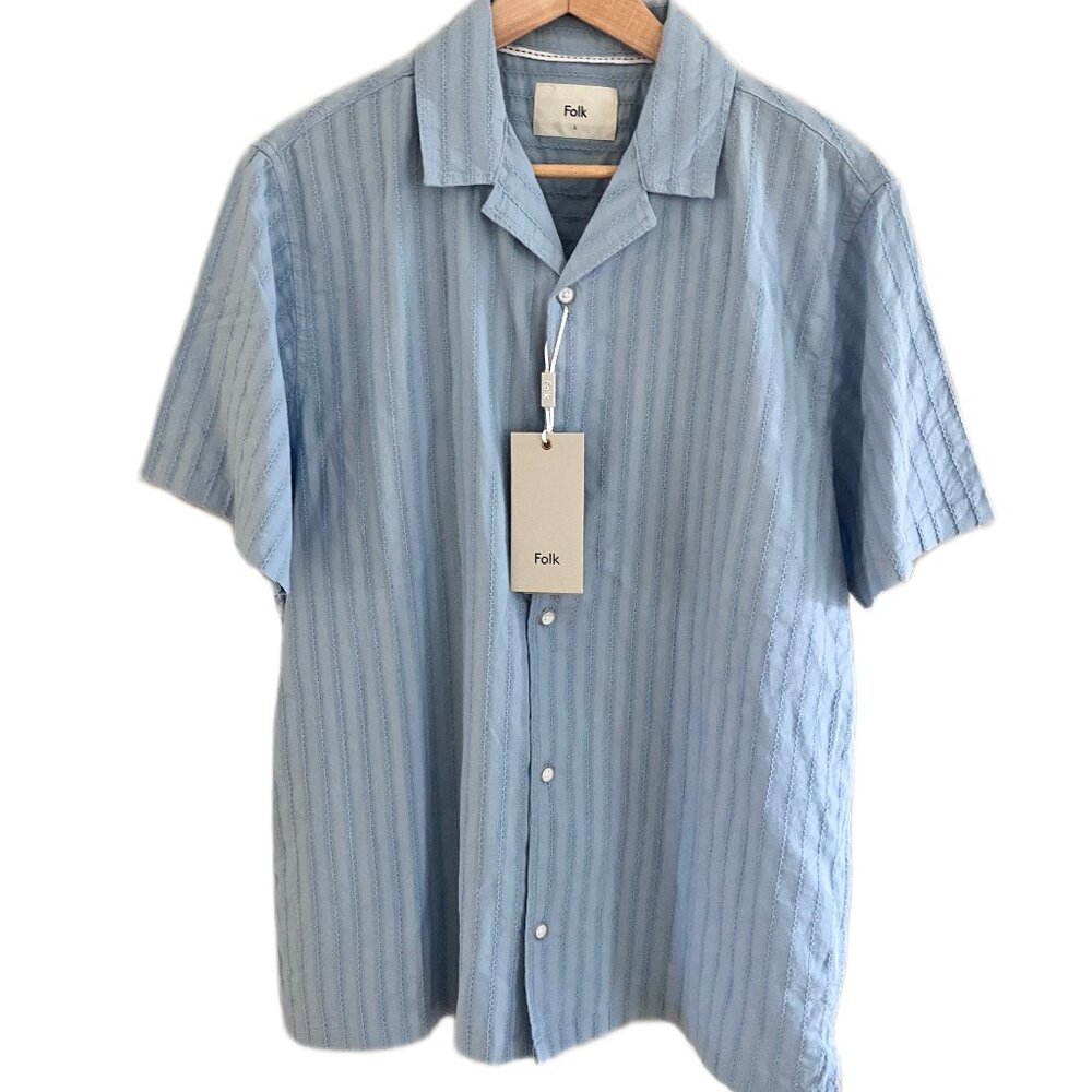 British Designer FOLK Stripe Dobby Short Sleeve Men's Size Large NWT Blue